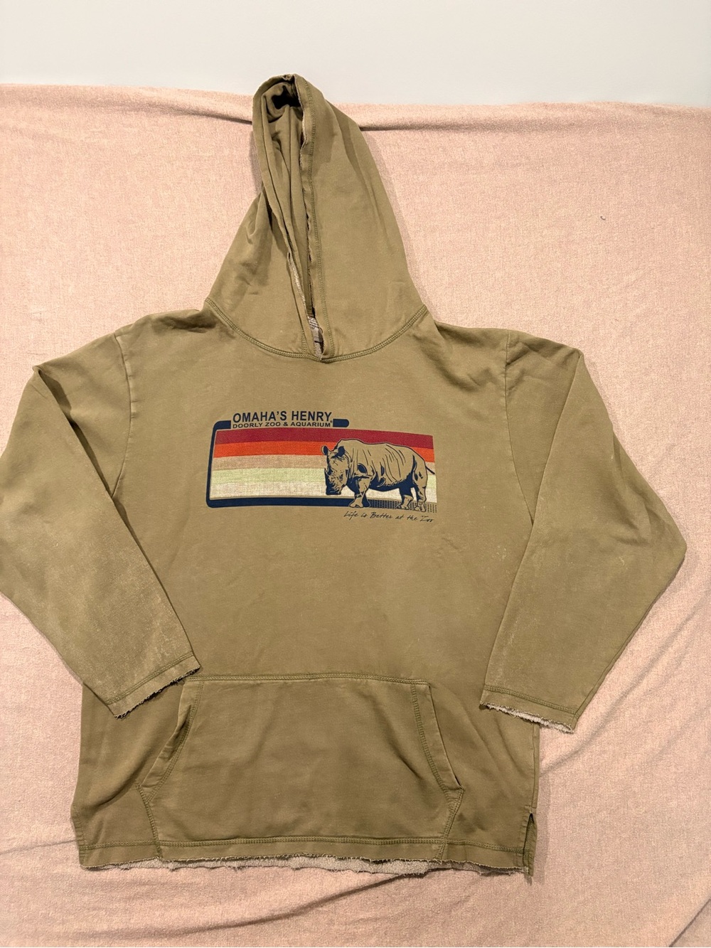 Olive Green Men's Chore/Work Hoodie Sweater. Raw hem. Speckled wash